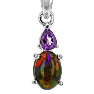 Genuine Black Opal and Amethyst SS Pendant w/Chain